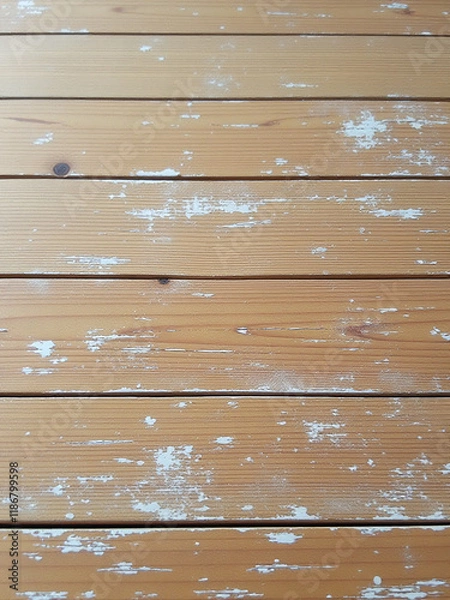 Fototapeta A Worn Wooden Desk Has A Subtle White Paint Splattered Textured Pattern With Visible Cracks In The Surface. 00002