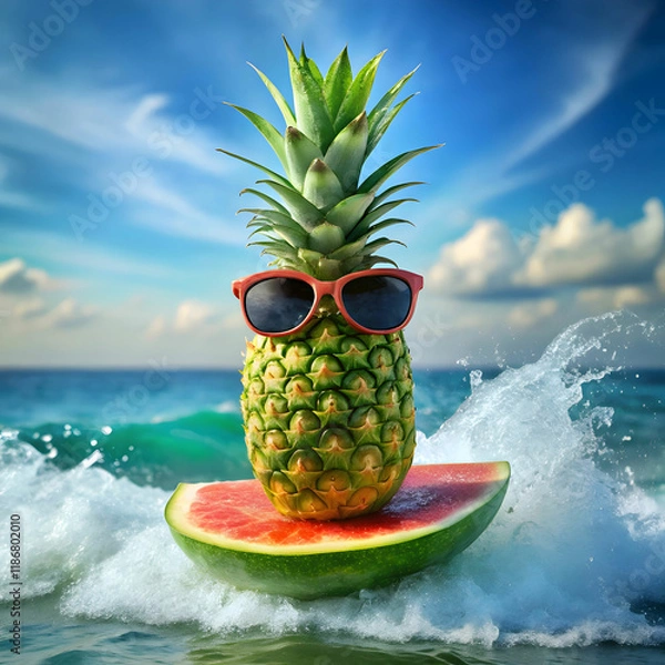 Fototapeta a-watermelon-floating-like-a-surfboard--with-a-tin
