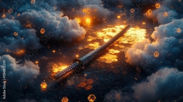 Obraz Katana in a Fiery, Cloud-Shrouded Realm.