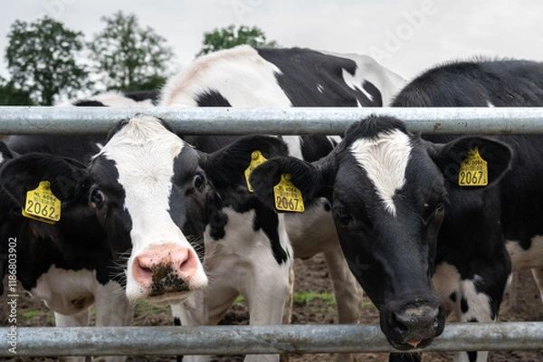 Fototapeta black and white cows with their heads through the fence watching funny