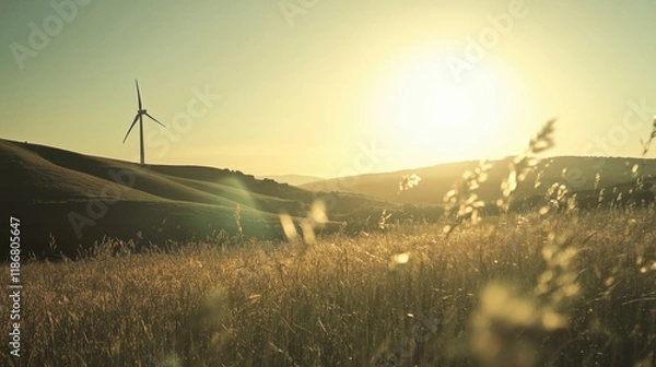 Fototapeta A Wind Turbine in the Middle of a Field With a Sunset in the Background - Generative AI