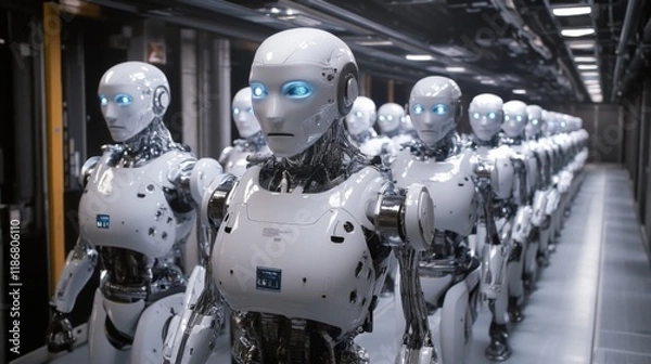 Fototapeta Industrial robots working in a futuristic factory assembly line