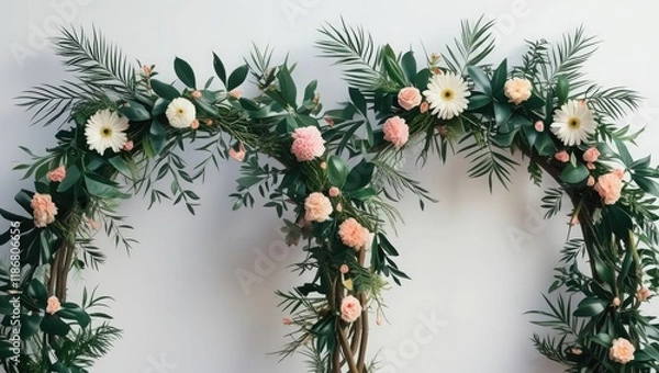 Fototapeta Arrangement of flower arches featuring leaves, branches, and flowers against a white backdrop. A notion of elegance, embellishment, and festivity