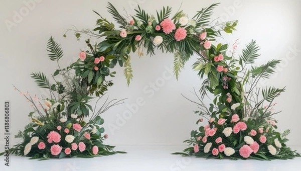 Fototapeta Arrangement of flower arches featuring leaves, branches, and flowers against a white backdrop. A notion of elegance, embellishment, and festivity