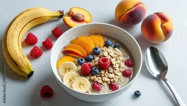 Fototapeta Bananas, peaches, raspberries, and oatmeal porridge in a white bowl. Porridge on a clear background, isolated. Porridge-filled bowl set for packaging design