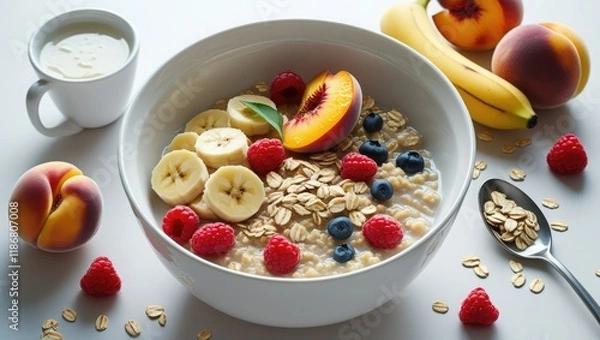 Fototapeta Bananas, peaches, raspberries, and oatmeal porridge in a white bowl. Porridge on a clear background, isolated. Porridge-filled bowl set for packaging design