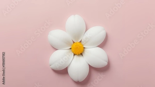 Fototapeta Flat Lay Single Pristine White Flower Delicate Petals Soft Pink Background Minimalist Elegance Microstock