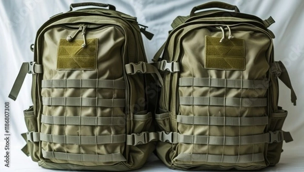 Fototapeta Close-up of a pair of military backpacks isolated on a white backdrop. The idea of military attire