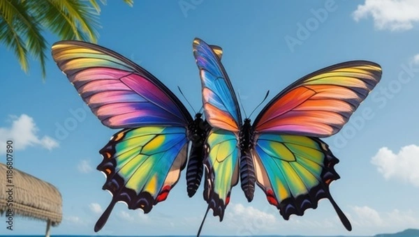 Fototapeta On a clear background, a pair of stunning, multicolored, tropical butterflies with wide wings. The idea of beautiful insects