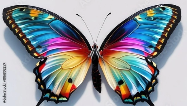 Fototapeta On a clear background, a pair of stunning, multicolored, tropical butterflies with wide wings. The idea of beautiful insects