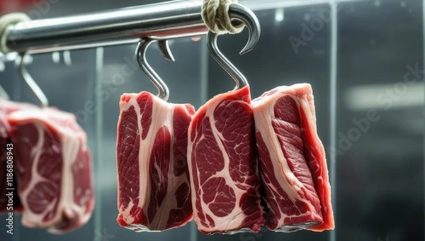 Fototapeta Pieces of raw beef meat on a metal hook on a clear backdrop. The idea of fresh meat