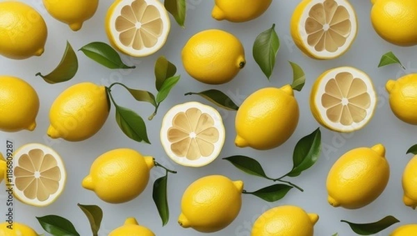 Fototapeta Set of ripe lemons, half lemon on transparent background. Yellow and ripe lemons