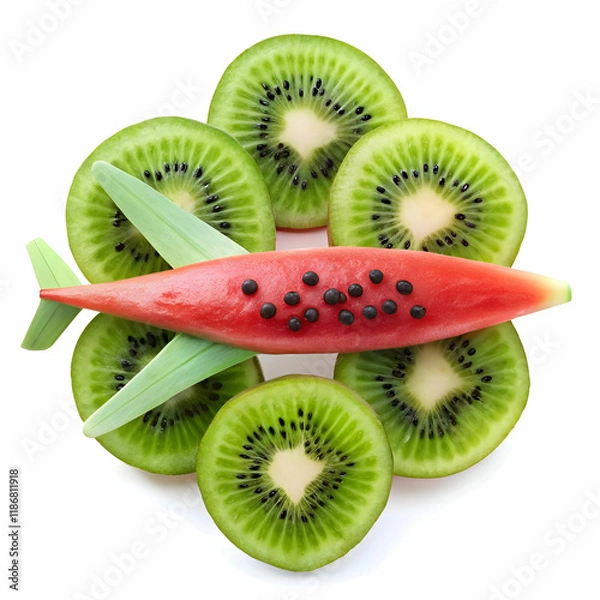Fototapeta a-watermelon-shaped-airplane--with-kiwi-slices-as-