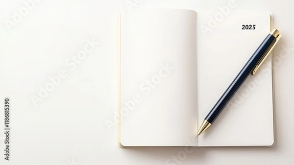 Fototapeta A blank notebook with a pen, symbolizing planning and goal setting for the year 2025.