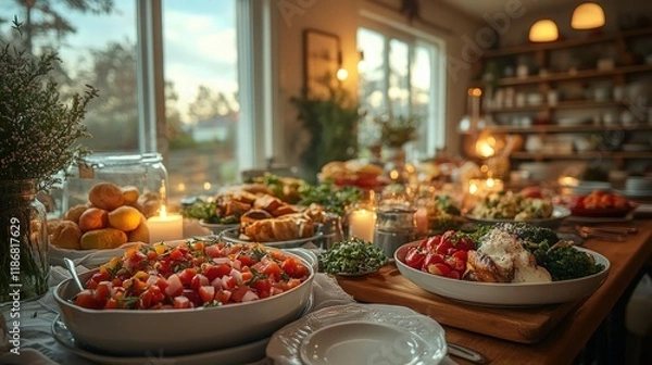 Fototapeta A Vibrant Spread of Fresh and Colorful Dishes Displayed on a Rustic Table, Perfect for Gatherings and Celebrations, with Soft Warm Lighting Enhancing the Cozy Atmosphere