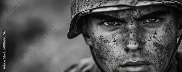 Fototapeta Black and white close-up of determined soldier with dirty face wearing helmet in world war two