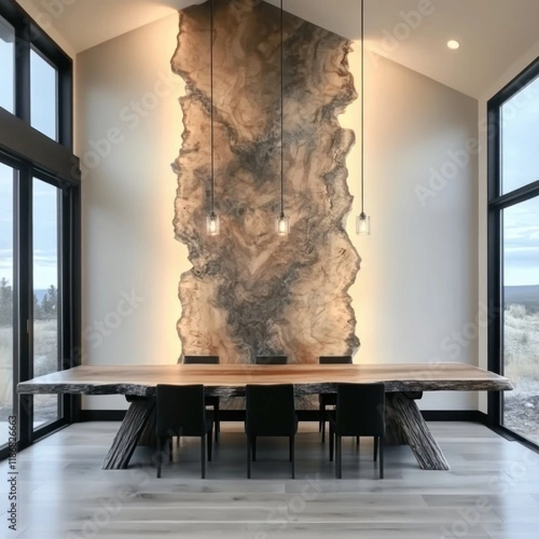 Obraz Rustic Live Edge Dining Table in Modern Dining Room with Wild Stone Cladding Wall