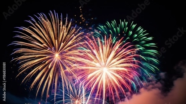 Obraz Vibrant fireworks display exploding in the night sky. Colorful bursts of light and smoke create a stunning spectacle. Perfect for celebrating holidays, special events, or adding a festive touch to you