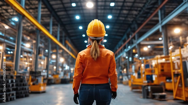 Fototapeta A female worker in an orange safety vest and helmet standing in an illuminated warehouse, emphasizing leadership, professionalism, and industrial operations.