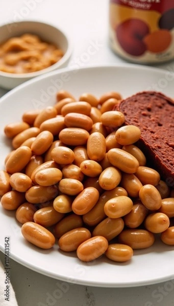 Fototapeta Close-up image of boiled beans in a nutritious tasty and traditionally prepared vegan lunch featuring cooked vegetables