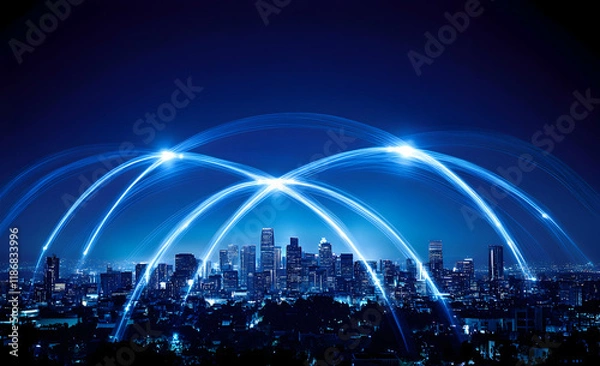 Fototapeta A wide shot of an urban cityscape at night, with glowing network connections linking buildings across the skyline, symbolizing technology and connectivity. 