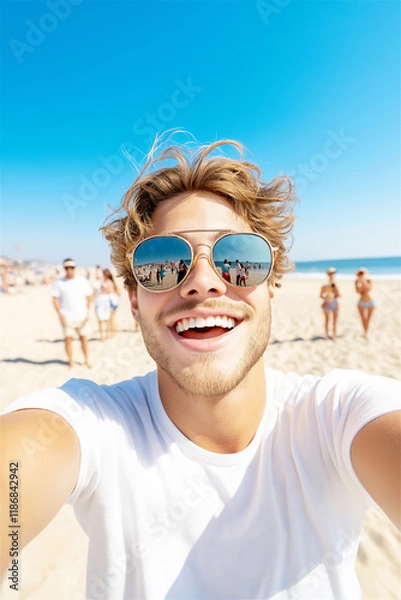 Fototapeta A young man taking a joyful selfie on a sunny beach, surrounded by people enjoying a bright summer day. Perfect for concepts of travel, happiness, and youth.