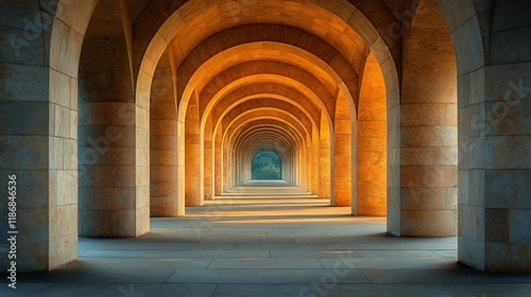 Fototapeta Golden Sunlight Illuminates Serene Archway Corridor
