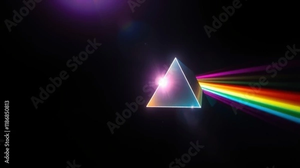Fototapeta A triangular prism refracts a beam of light, splitting it into a rainbow of colors, a visual representation of the spectrum of light.