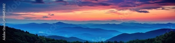 Fototapeta Scenic Sunset Views of Blue Ridge Mountains. Perfect Landscape of North Carolina Parkway at Dawn and Dusk