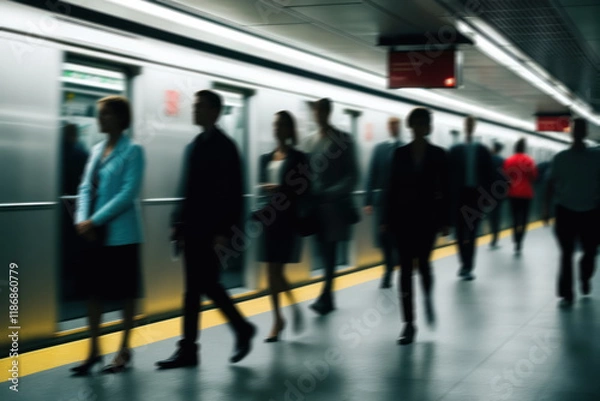 Obraz fast movement on the subway, blurry figures of passengers and bright lights of the station, creating a dynamic atmosphere of city life
