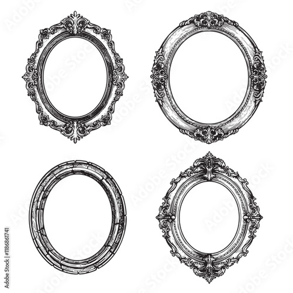 Fototapeta Oval vintage picture frames set. Hand drawn Victorian retro sketch style. Vector illustrations isolated on white.