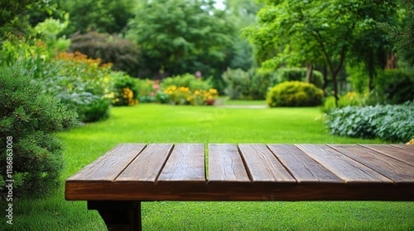 Obraz Empty Wooden Tabletop with Blurred Green Park Garden Background