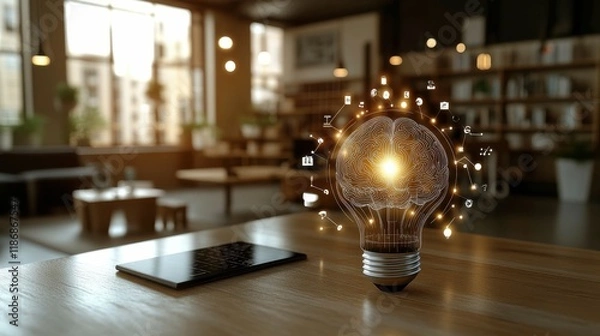 Obraz Illustration of a glowing light bulb with a detailed brain inside, symbolizing the fusion of creativity and intelligence in a vibrant, futuristic concept design