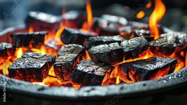 Fototapeta Close up of glowing charcoal with flames creating a warm, inviting atmosphere for outdoor cooking and grilling