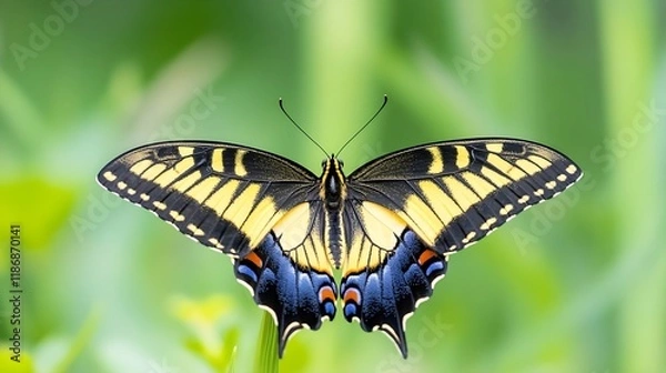Fototapeta Vibrant yellow and black butterfly in garden setting showcasing colorful beauty and nature diversity : Generative AI