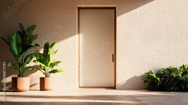Fototapeta Serene minimalist doorway surrounded by lush plants and natural light in residential design