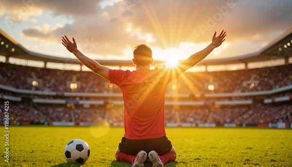 Obraz Ecstatic soccer player celebrating goal Soccer player kneeling in celebration at sunset stadium