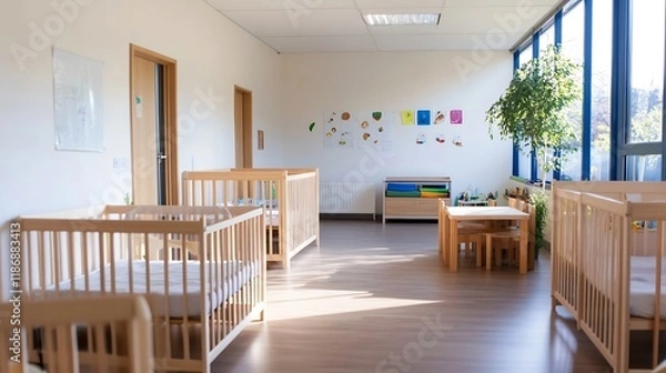 Fototapeta Bright Sunlit Nursery Room with Empty Cribs and Wall Decorations : Generative AI