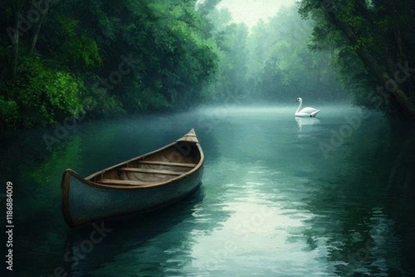 Fototapeta Serene Canoe on Tranquil Water with Swan in Lush Green Setting