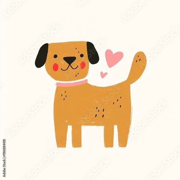 Fototapeta A cute, cartoon-style dog with a joyful expression, pink collar, and a heart nearby, embodying warmth and affection.