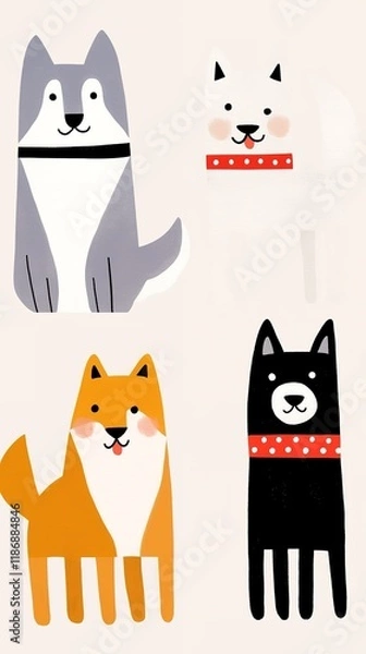 Fototapeta Cartoon-style illustration featuring four cute dogs in different colors and sizes, each wearing a collar, set against a light background.