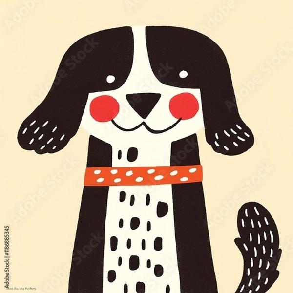 Fototapeta A cheerful, cartoon-style black and white dog with a red collar, featuring playful facial expressions and a friendly demeanor.