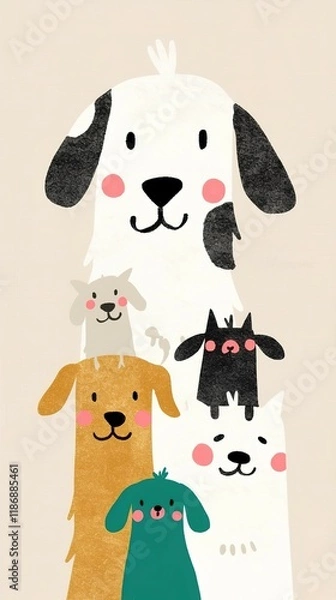 Fototapeta A playful illustration of five cute, cartoon-style dogs stacked together, featuring various colors and expressions against a simple background.