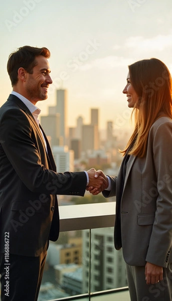 Fototapeta Nervous job interview Satisfied client handshake Business handshake between man and woman on rooftop at sunset