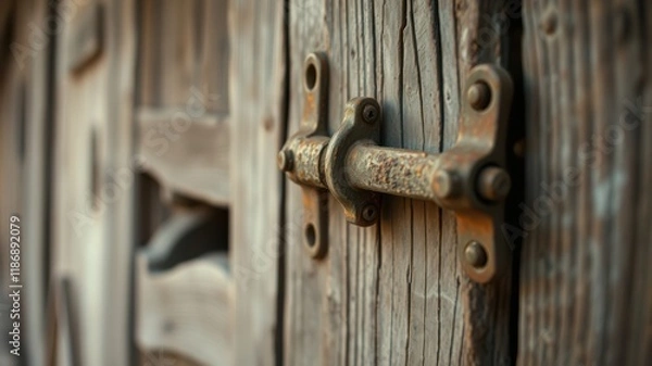 Fototapeta A close-up shot of a rustic, iron latch securing a weathered wooden door, showcasing the details of its worn surface and the intricate design of the latch.