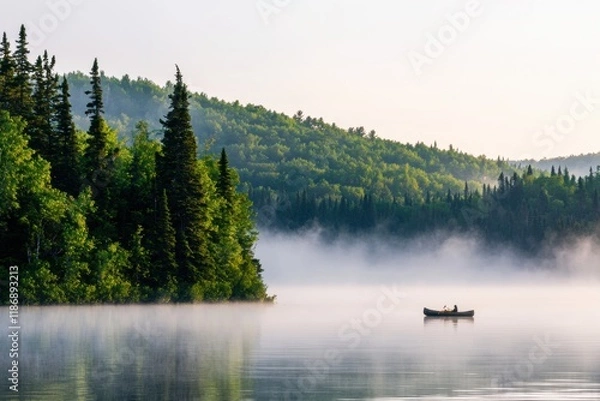 Fototapeta Serene Canoe on Calm Lake Surrounded by Lush Green Forest