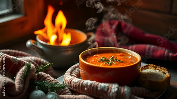 Fototapeta A cozy winter scene with a steaming bowl of homemade tomato soup and crusty bread.	