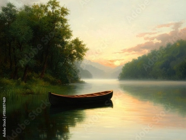 Fototapeta Serene Morning Landscape with a Canoe on Still Waters at Sunrise