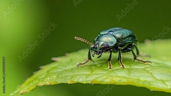 Fototapeta Closeup of Metallic Green Beetle on Leaf with Blurred Green Background : Generative AI