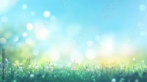 Obraz Beautiful sunny spring meadow with green grass and blue sky. Abstract background with light bokeh and space for text
